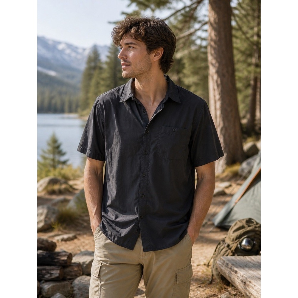 REI Co-op Men XL Black Nylon Stretch Short Sleeve Button Down Shirt Hiking
